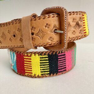Vintage Guatemalan Mayan Cotton Tan Leather Tooled Belt Womens Size S/M Peasant